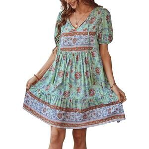 anna-kaci Green Dress Short Sleeve V Neck Knee Length, Floral Boho Sz L NWT